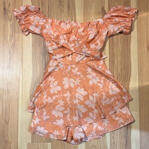 Peach and White Floral Off-Shoulder Dress